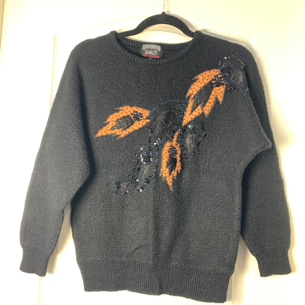 Bubbles International Black Beaded & Appliqué Sweater Size S Vintage 80s 90s‎
